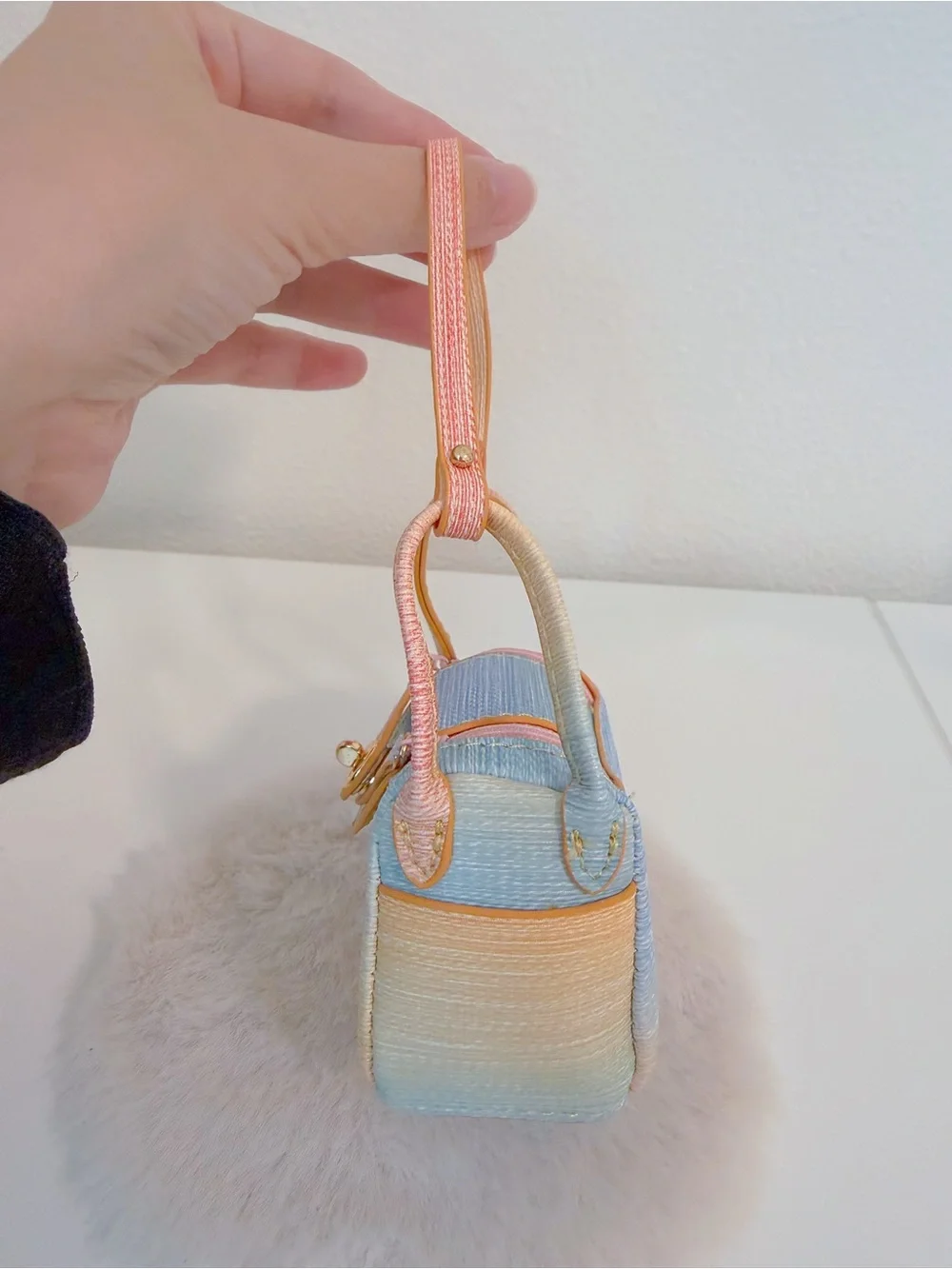 Mini Top Handle Bag Charm Woven Texture Coin Pouch Rainbow Luxury Style